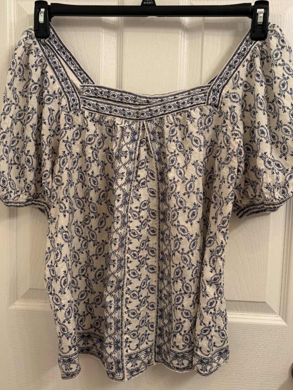 Max Studio Floral Pleasant Blouse Cream and Blue Square Neckline size L